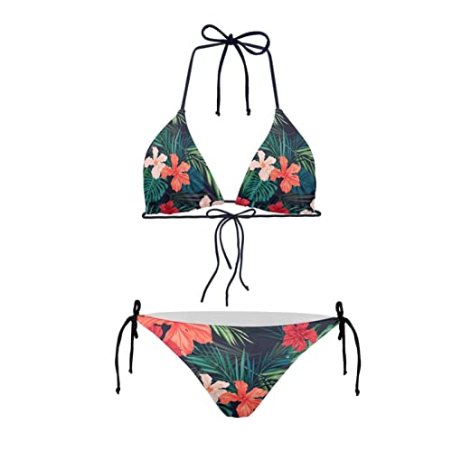 Howilath Bikini Set Sexy 2 Pices Bikini Badeanzug Gepolstert String Triangel Bademode für Frauen Palm Floral Avocado Pfoten, Roter Hibiskus, 52 von Howilath