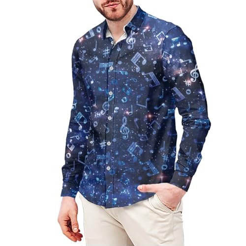 Howilath Bunte Musiknote Beige Designer Männer Lange Ärmel Button Down Bluse Top Casual Hemd Leichte Bluse -, Musik Sternenhimmel, L von Howilath