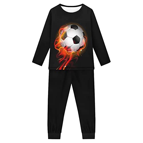 Howilath Cartoon Faultier Planet Blau Designer Jugend Pyjama Anzug ein Paar Nachtwäsche Langarm Nachtwäsche für Mädchen Jungen, Flammendes Fußball-Muster, 15-16 Jahre von Howilath
