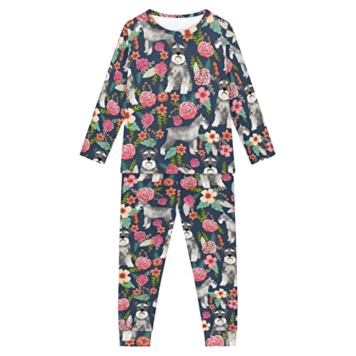 Howilath Cartoon Frosch Weiß Designer Kinder Pyjama Anzug 2 Stück Nachtwäsche Langarm Nachtwäsche für Jungen Mädchen, Schnauzer-Blumenmuster, 13-14 Jahre von Howilath