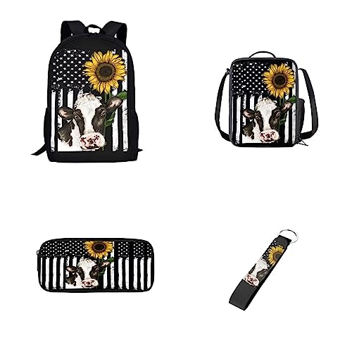 Howilath Cartoon Meerschweinchen Karotte grün 4 Stück 1 Set Schultasche Thermo Lunchtasche Federmäppchen Schlüsselanhänger Halter für Kinder, Amerikanische Flagge Milchkuh Sonnenblume, Lässiger Tagesrucksack von Howilath