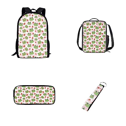 Howilath Cartoon Meerschweinchen Karotte grün 4 Stück 1 Set Schultasche Thermo Lunchtasche Federmäppchen Schlüsselanhänger Halter für Kinder, Erdbeerfrosch Milchkuh, Lässiger Tagesrucksack von Howilath