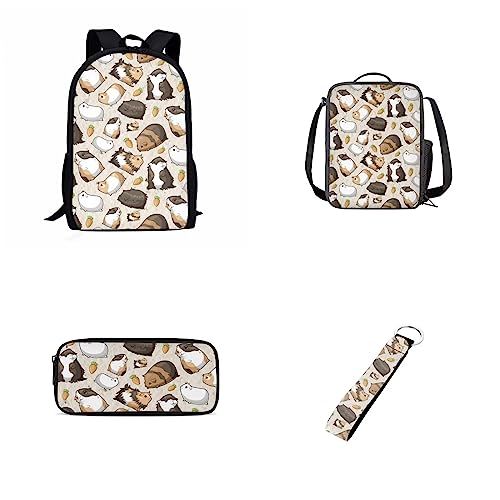 Howilath Cartoon Meerschweinchen Karotte grün 4 Stück 1 Set Schultasche Thermo Lunchtasche Federmäppchen Schlüsselanhänger Halter für Kinder, Meerschweinchen, Lässiger Tagesrucksack von Howilath