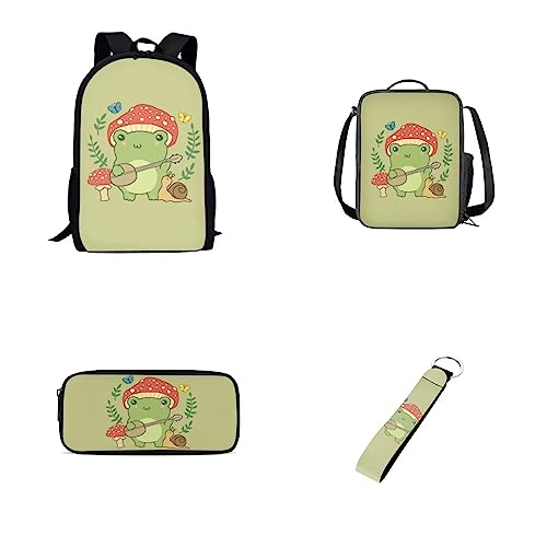 Howilath Cartoon Meerschweinchen Karotte grün 4 Stück 1 Set Schultasche Thermo Lunchtasche Federmäppchen Schlüsselanhänger Halter für Kinder, Pilz Schnecke Motte Frosch, Lässiger Tagesrucksack von Howilath