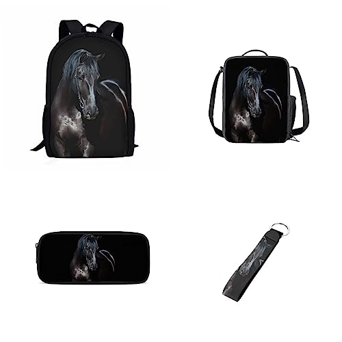 Howilath Cartoon Meerschweinchen Karotte grün 4 Stück 1 Set Schultasche Thermo Lunchtasche Federmäppchen Schlüsselanhänger Halter für Kinder, Schwarzes Pferd, Lässiger Tagesrucksack von Howilath