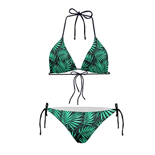 Howilath Damen Bikini 2 Stück Set Dreieckige Krawatte Halfter Gepolsterter Badeanzug Nationalflagge Blume Obst Muschel, Grüne Blätter, M von Howilath