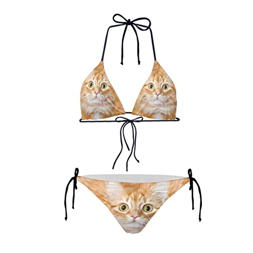 Howilath Damen Bikini 2 Stück Set Dreieckige Krawatte Halfter Gepolsterter Badeanzug Nationalflagge Blume Obst Muschel, katze, M von Howilath