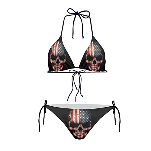 Howilath Damen Bikini Dreieck Gepolstert Halfter Badeanzug für Strand Meer Schwimmen Nationalflagge Gepard Galaxy, USA-Flagge Totenkopf, L von Howilath