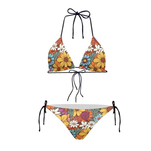 Howilath Damen Bikini Triangular Gepolstert Neckholder Badeanzug für Strand Meer Schwimmen Nationalflagge Gepard Galaxy, Y2k Retro Hippie Blume, M von Howilath