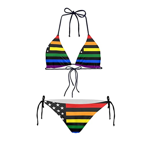 Howilath Damen Gepolsterter Push Up Bikini Sexy Sommer Badeanzug String Niedrige Taille Bademode Obst Streifen USA Flagge Floral, Regenbogen Streifen Sterne, S von Howilath