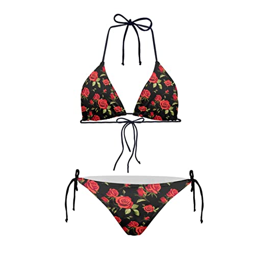 Howilath Damen Gepolsterter Push Up Bikini Sexy Sommer Badeanzug String Niedrige Taille Bademode Obst Streifen USA Flagge Floral, rote rose, S von Howilath