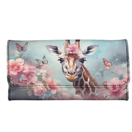 Howilath Damen Slim Wallet Flower Galaxy Tie Dye Hibiskus Schädel Lustiges Design Gemalt PU Leder Dreifach Geldbörse Clutch, 3D Giraffe Schmetterling, Medium, Modern von Howilath