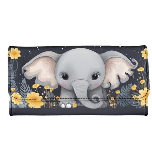 Howilath Damen Slim Wallet Flower Galaxy Tie Dye Hibiskus Schädel Lustiges Design Gemalt PU Leder Dreifach Geldbörse Clutch, Niedlicher Cartoon-Elefant mit Blumenmuster, Medium, Modern von Howilath