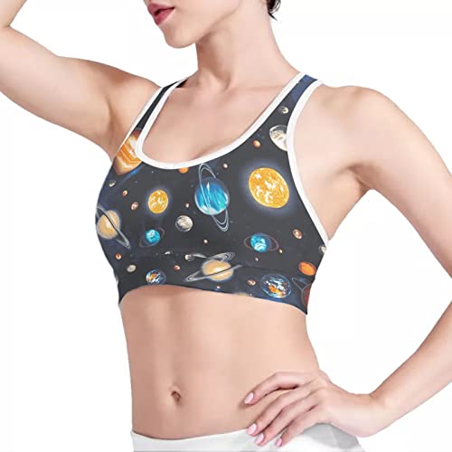 Howilath Damen Sport BH für Yoga Gym Wireless Gepolstert BHs Weste Dicker Riemen Crop Top, Streifen Totenkopf Aztec Tie Dye, Planeten, XX-Large von Howilath