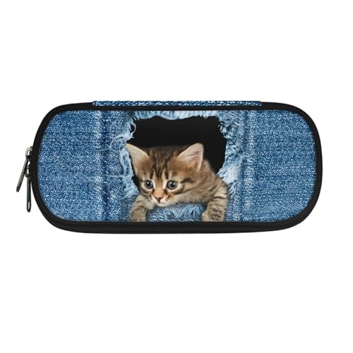 Howilath Federmäppchen für Kinder, Kawaii-Federmäppchen, für Jungen und Mädchen, Schreibwaren-Organizer, Stiftebox, Blaue Denim-Katze, 8.8"L x 1.7"W x 4.1"H, Schulranzen von Howilath