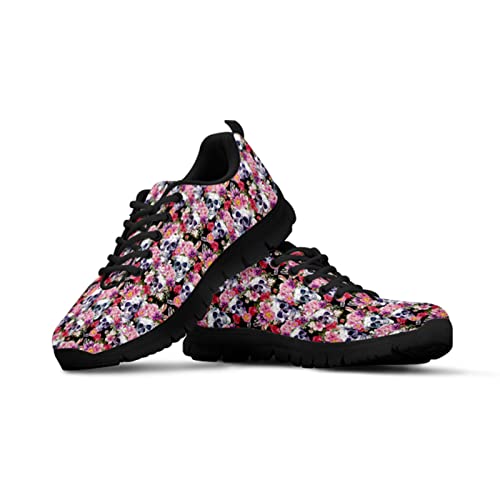Howilath Floral Skull Damen Athletic, Gothic Skull Leichte Lässige Mesh-Wanderschuhe - Ultraleichter Slip-on-Sneaker - Schwarz EU 36 von Howilath