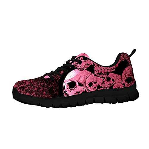 Howilath Gothic Totenkopf Damen Slipper Slip On Leicht Lässig Wind Rot Skeleton Low-Top-Schuhe Damen Schnür-Sneakers Mesh-Laufsneaker Low Top Pink EU 42 von Howilath