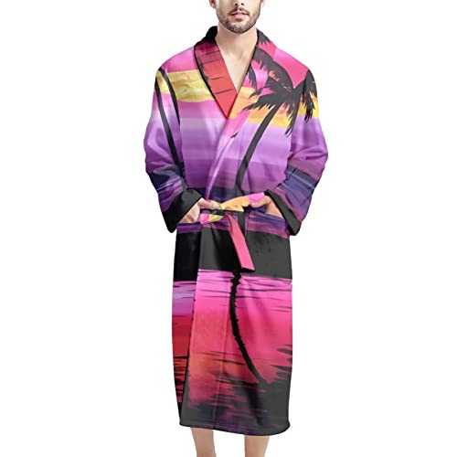 Howilath Hawaii Coco Tree Rosa Lila Sonnenuntergang Glow Palme Designer Herren Bademantel Leichte Nachtwäsche Einheitsgröße passend für jeden Mann, Hawaii Coco Tree Pink Purple Sunset Gedruckt von Howilath