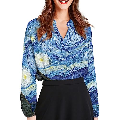 Howilath Hibiskus Blumen Shirts für Frauen Tunika Tops Palm Olive Leaf Button up T-Shirts Schwarz Langarm Flare Bluse, Van Gogh Sternenhimmel, XXXXL von Howilath