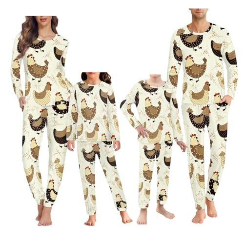 Howilath Huhn Familie Pyjamas Zusammenpassende Sets Hahn Schlafanzug Huhn Beige Pyjamas Weiche Nachtwäsche Langarm Lounge Wear Kinder-11-12 von Howilath