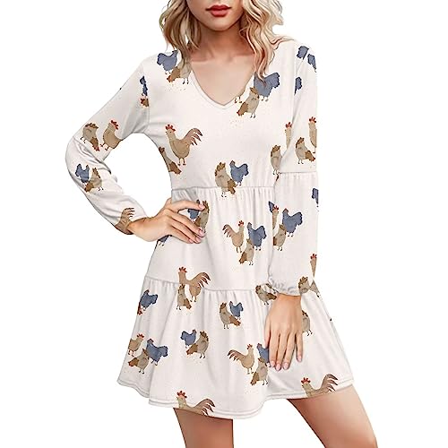 Howilath Huhn Flowy Kleid für Damen Beige Plissee Kleid Cartoon Hahn Henne Rüschen Kleid V Ausschnitt Tunika Kleid, Huhn, X-Large von Howilath