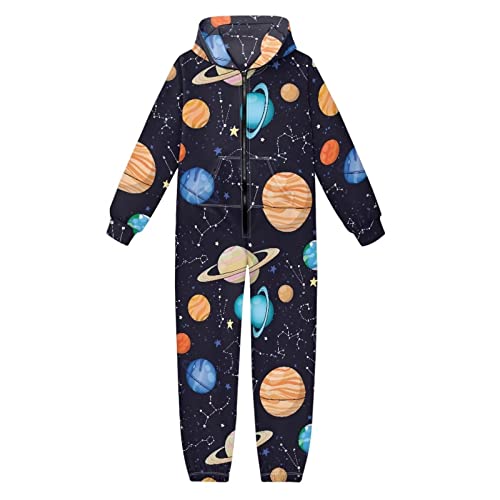 Howilath Kinder Jumpsuits Galaxy Universe Planet schwarz volle Länge Onesies bequemer Pyjama Reißverschluss Playsuits für Jungen Mädchen, Planet Universe Galaxy bedruckt, M von Howilath