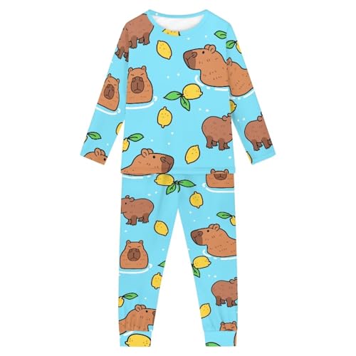 Howilath Kinder Pyjama Anzug Erdbeere Rosa Lounge Wear Casual Nachtwäsche Bequeme Nachtwäsche Lange Ärmel Outfits für Teenager, Capybara Zitrone, 15-16 Jahre von Howilath