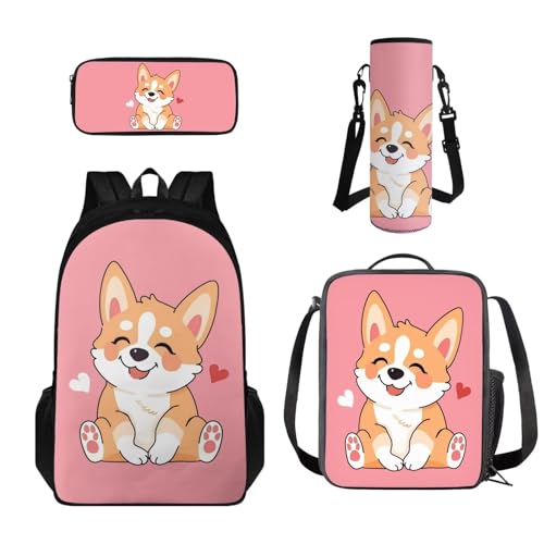 Howilath Kinder Rucksack mit Lunchtasche mit Wasserflaschenhalter und Federmäppchen für Mädchen 4 in 1, Corgi Pink von Howilath