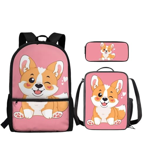 Howilath Kinder-Rucksack und Lunchtasche-Set für die Grundschule, 3-in-1, Orange Corgi von Howilath