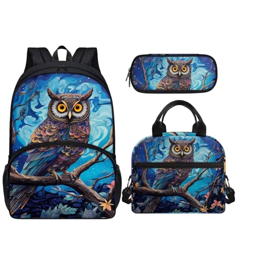Howilath Kinder-Rucksäcke für Elementary Lunchbox-Set und Federmäppchen, 3-in-1, blaue eule von Howilath