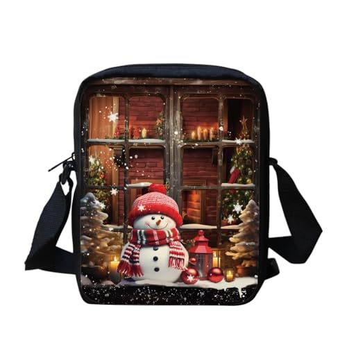 Howilath Kleine Kuriertasche mit lustigem Tierdruck, Outdoor-Reisetasche, Umhängetasche, Handytasche, Schneemann-Weihnachtsbaum von Howilath