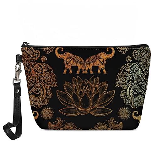 Howilath Kosmetiktasche für Teenager-Mädchen, tragbar, mit Griff, Kulturbeutel, Hipster, Make-up-Tasche, Boho Elefant Lotus Blume - Braun, 1 Size von Howilath