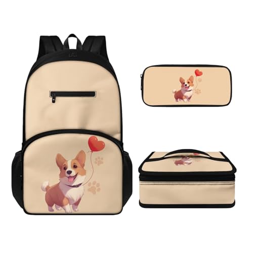 Howilath Lässiges Rucksack-Set für Jungen und Mädchen, 3-in-1, leicht, langlebig, Tagesrucksack mit Thermo-Lunchbox, Federmäppchen, 3 Stück, Cartoon Corgi, Tagesrucksäcke von Howilath