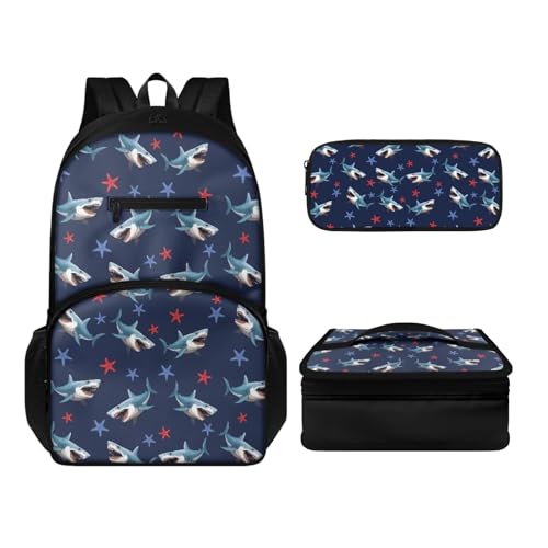 Howilath Lässiges Rucksack-Set für Jungen und Mädchen, 3-in-1, leicht, langlebig, Tagesrucksack mit Thermo-Lunchbox, Federmäppchen, 3 Stück, Haie, Tagesrucksäcke von Howilath