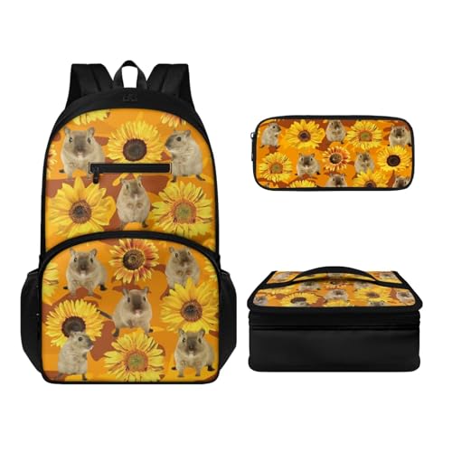 Howilath Lässiges Rucksack-Set für Jungen und Mädchen, 3-in-1, leicht, langlebig, Tagesrucksack mit Thermo-Lunchbox, Federmäppchen, 3 Stück, Hamster-Sonnenblume, Tagesrucksäcke von Howilath