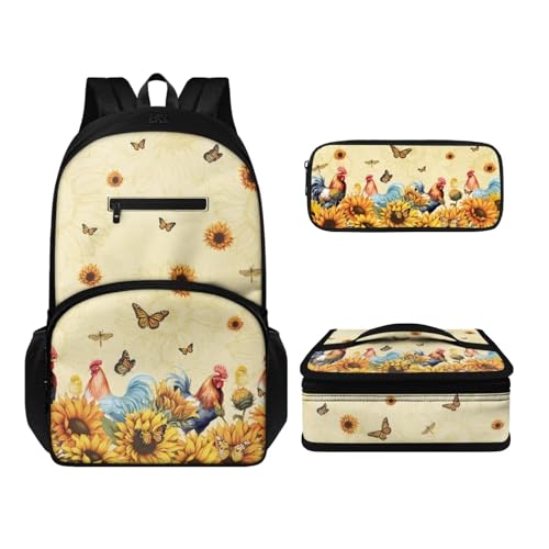 Howilath Lässiges Rucksack-Set für Jungen und Mädchen, 3-in-1, leicht, langlebig, Tagesrucksack mit Thermo-Lunchbox, Federmäppchen, 3 Stück, Huhn, Sonnenblume, Schmetterling, Tagesrucksäcke von Howilath