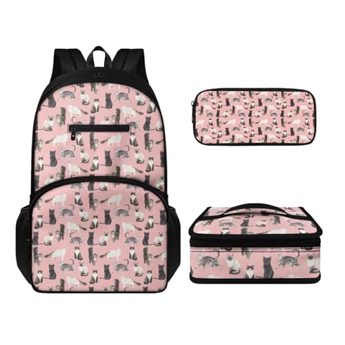 Howilath Lässiges Rucksack-Set für Jungen und Mädchen, 3-in-1, leicht, langlebig, Tagesrucksack mit Thermo-Lunchbox, Federmäppchen, 3 Stück, Katzendesign, Tagesrucksäcke von Howilath