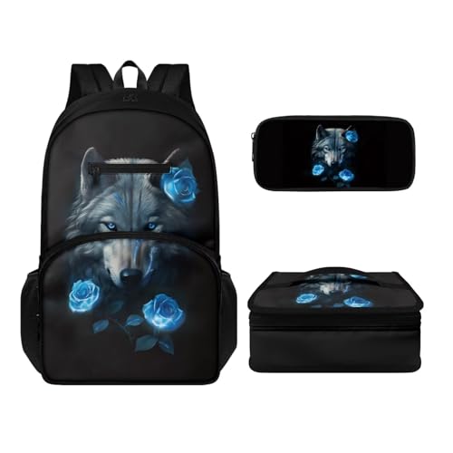 Howilath Lässiges Rucksack-Set für Jungen und Mädchen, 3-in-1, leicht, langlebig, Tagesrucksack mit Thermo-Lunchbox, Federmäppchen, 3 Stück, Wolf Floral, Tagesrucksäcke von Howilath