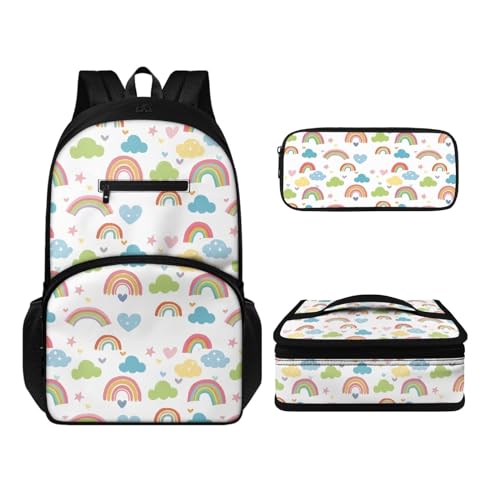 Howilath Lässiges Rucksack-Set für Jungen und Mädchen, 3-in-1, leicht, langlebig, Tagesrucksack mit Thermo-Lunchbox, Federmäppchen, 3 Stück, regenbogenfarben, Tagesrucksäcke von Howilath