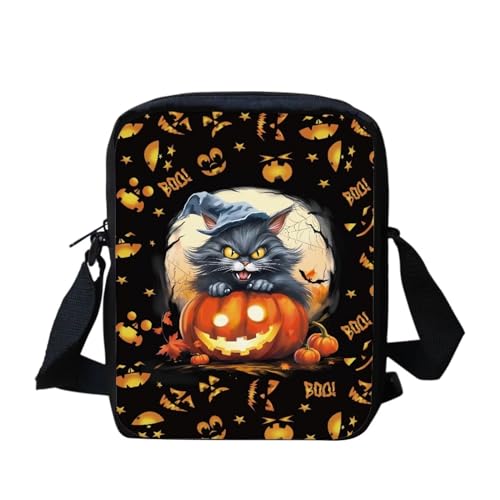 Howilath Lustige Tier bedruckte kleine Messenger Bag Outdoor Reise Sling Umhängetasche Handytasche, Ahornblatt Kürbis Spinnennetz Fledermaus Kätzchen von Howilath