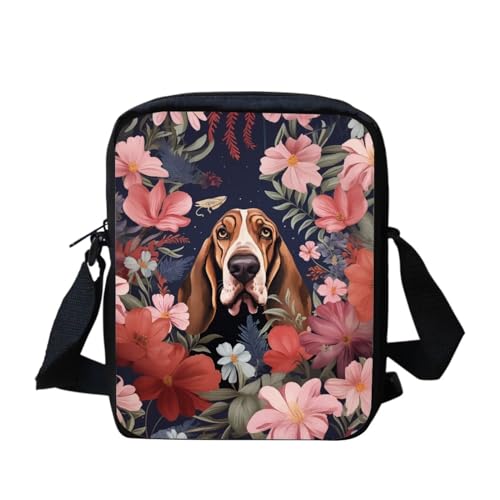 Howilath Kleine Kuriertasche mit lustigem Tierdruck, Outdoor-Reisetasche, Umhängetasche, Handytasche, Basset Hound Flower von Howilath