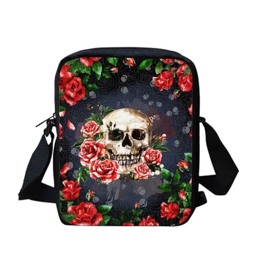 Howilath Lustige Tier bedruckte kleine Messenger Bag Outdoor Reise Sling Umhängetasche Handytasche, Skelettkopf Rose Blume von Howilath