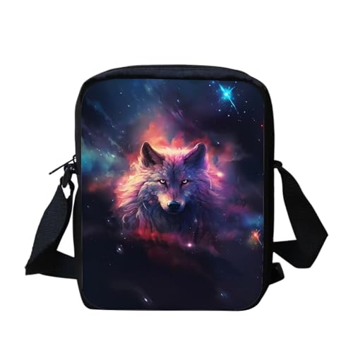 Howilath Lustige Tier bedruckte kleine Messenger Bag Outdoor Reise Sling Umhängetasche Handytasche, Wolf Galaxie von Howilath