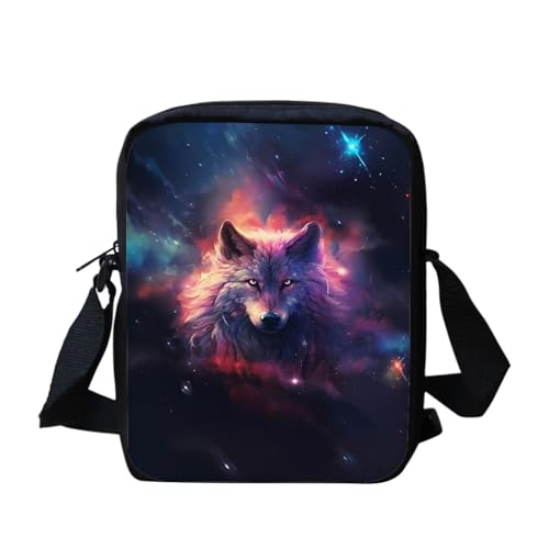 Howilath Kleine Kuriertasche mit lustigem Tierdruck, Outdoor-Reisetasche, Umhängetasche, Handytasche, Wolf Galaxie von Howilath