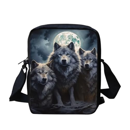 Howilath Lustige Tier bedruckte kleine Messenger Bag Outdoor Reise Sling Umhängetasche Handytasche, Wolf Mond Stern von Howilath