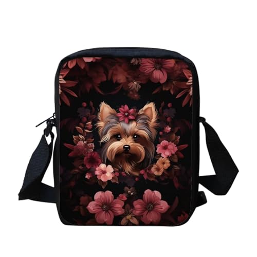 Howilath Kleine Kuriertasche mit lustigem Tierdruck, Outdoor-Reisetasche, Umhängetasche, Handytasche, Yorkshire Terrier Blumenmuster von Howilath