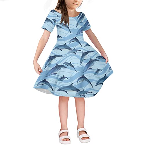Howilath Mädchen Kleid Schulterfrei Kurzarm A Linie Kleid Prinzessin Kleid Sommer Gebrochene Blume Panda Kuh Punkte, Delfin, 6 Jahre von Howilath