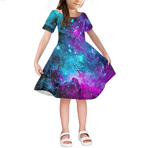 Howilath Mädchen Prinzessin Kleid Casual Kurzarm Kleid für Sommer bequem & atmungsaktiv Blume Musik Note Kaninchen Avocado, Galaxy, 10 Jahre von Howilath