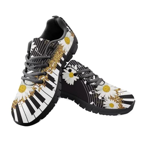 Howilath Musik Stab Trainer für Frauen Daisy Blume Klavier Schlüssel Sportschuhe Florale musikalische Note Laufschuhe Schwarze Jogger Schuhe-45 von Howilath