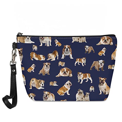 Howilath Neuheit Gedruckt Elegante Frauen Kosmetiktasche, Tier Hunde Faultier Floral Design Mädchen Trapez Kosmetiktasche Tragbare Griff Make-up Tasche, England-Bulldogge Muster 7, 1 Size von Howilath